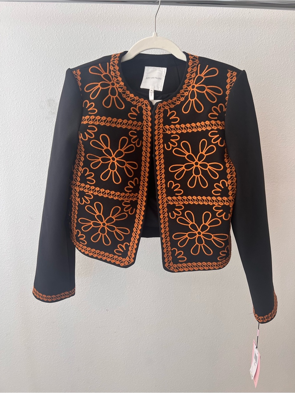 NWT Avec Les Filles Black Cropped Jacket with Orange Embroidery - Picture 3 of 10